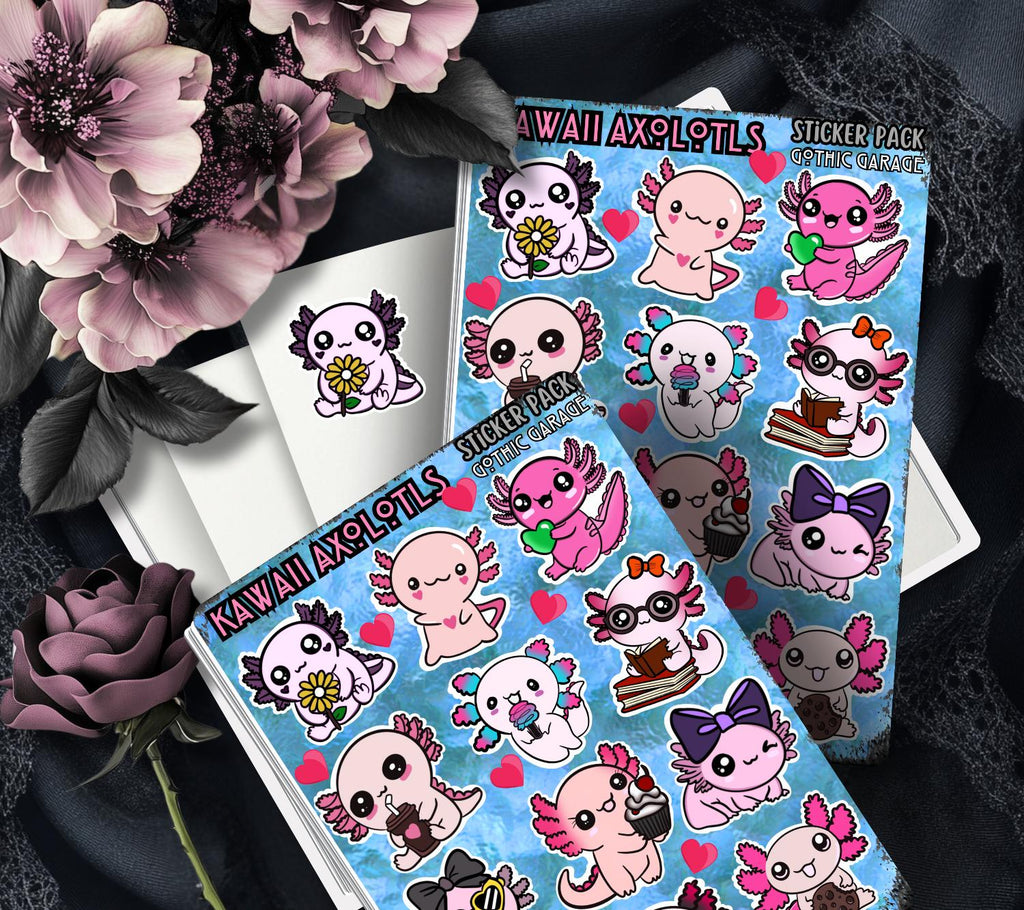 Kawaii Axolotl Sticker Sheet – Cute Pink Water Creature Vinyl Stickers for Journals & Laptops