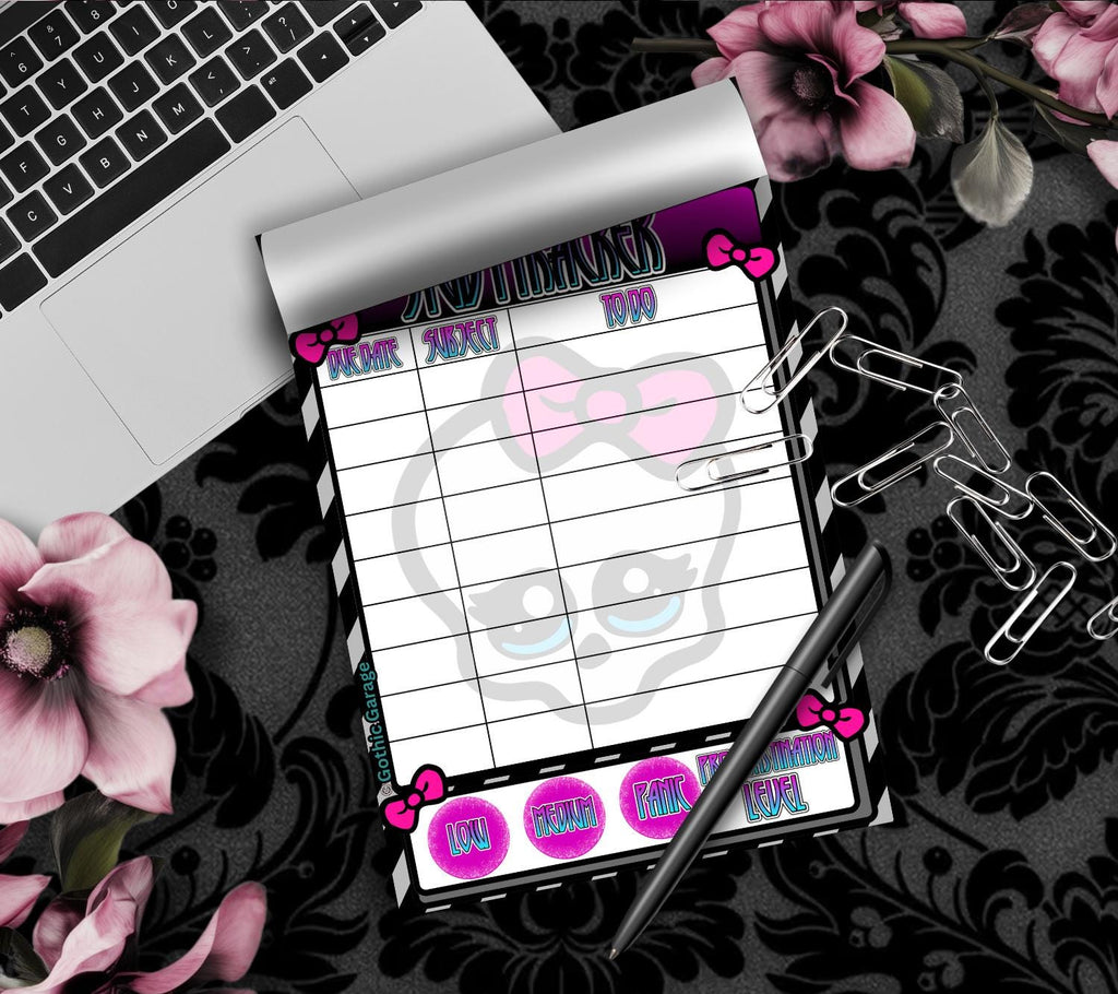 Gothic Study Tracker Notepad – Cute Pastel Skull Planner for Students & Procrastinators
