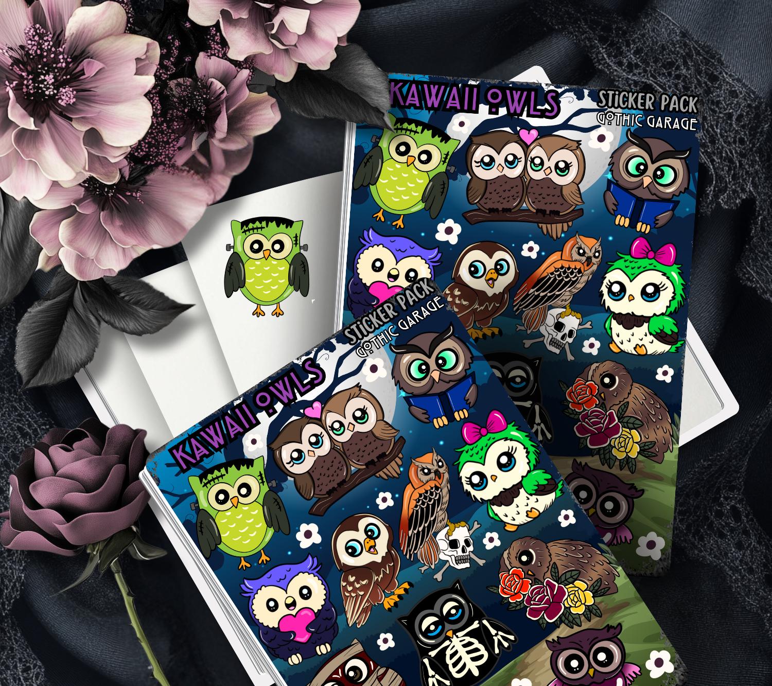 Cute Goth Owl Sticker Sheet – Spooky Woodland Vinyl Decals