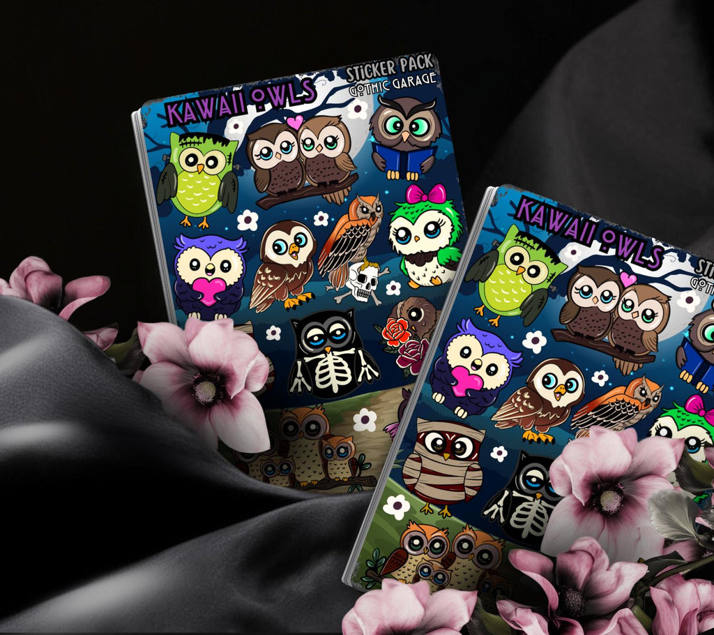 Cute Goth Owl Sticker Sheet – Spooky Woodland Vinyl Decals