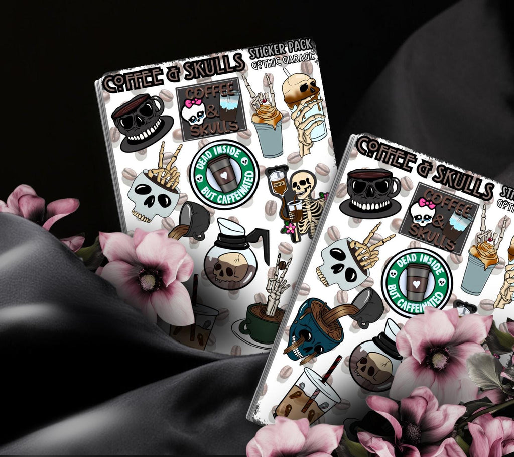 Coffee & Skulls – Gothic Sticker Sheet Coffee Skeletons– Perfect for Coffee Lovers