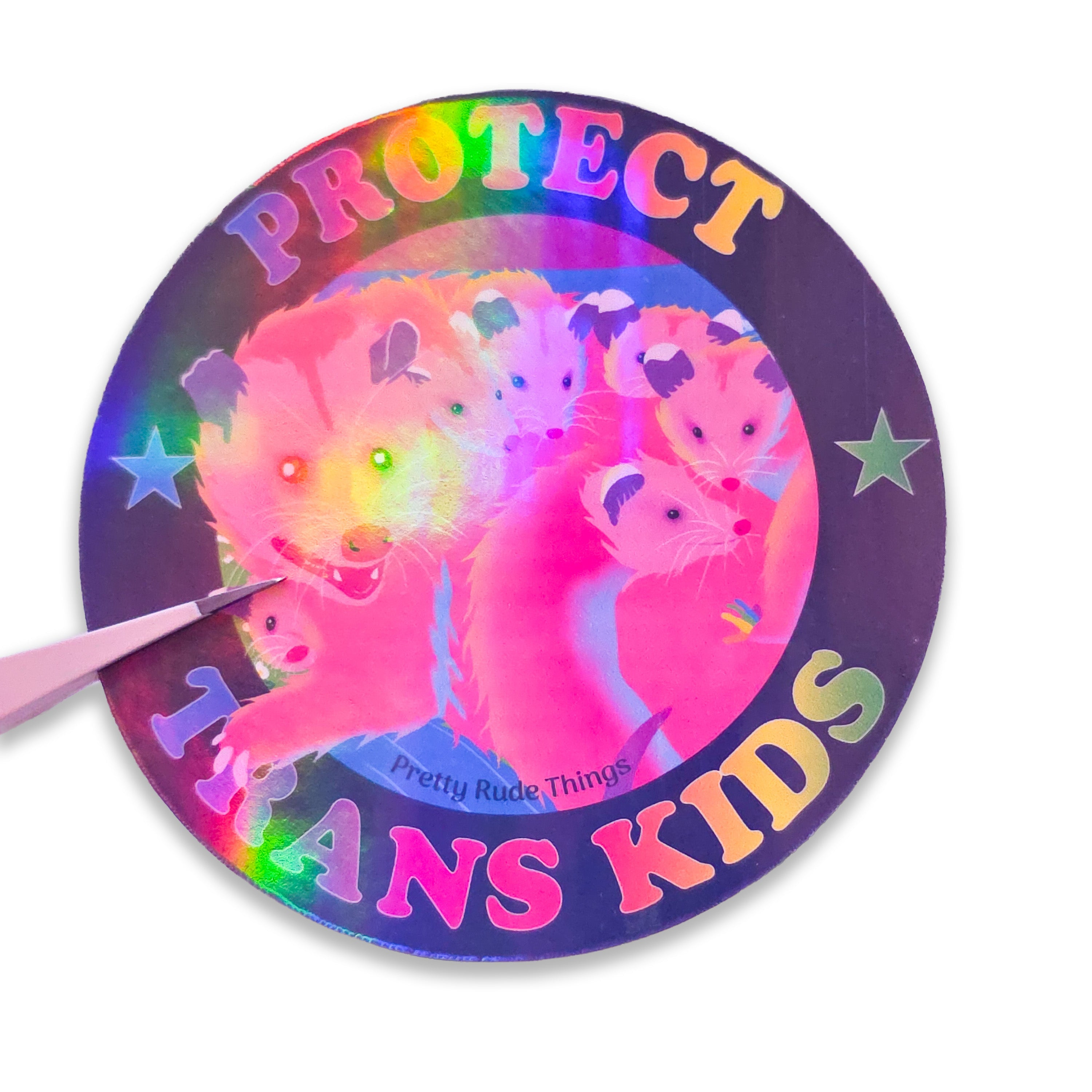 Protect Trans Kids Rainbow Possum Family Sticker, 3 x 3 in.