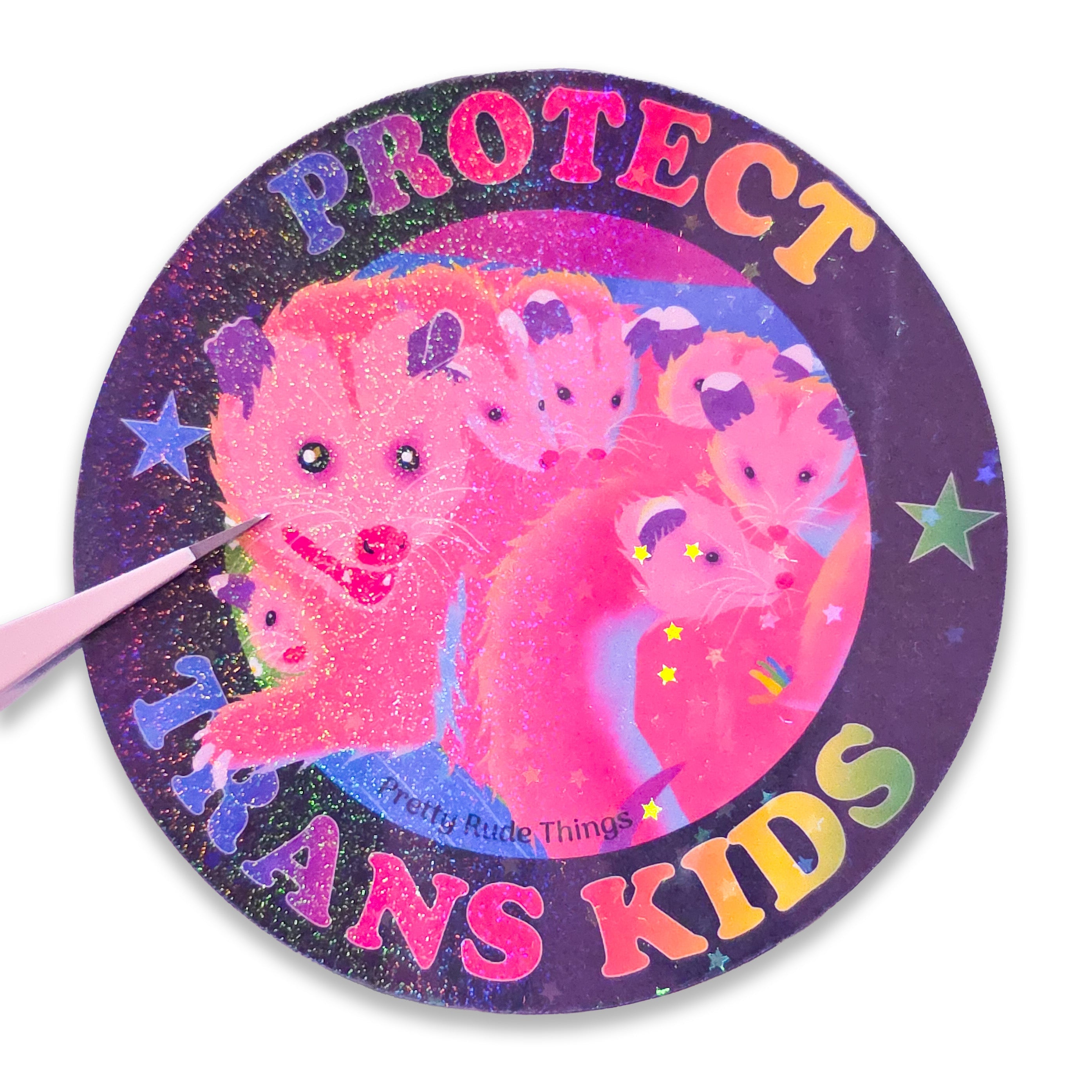 Protect Trans Kids Rainbow Possum Family Sticker, 3 x 3 in.