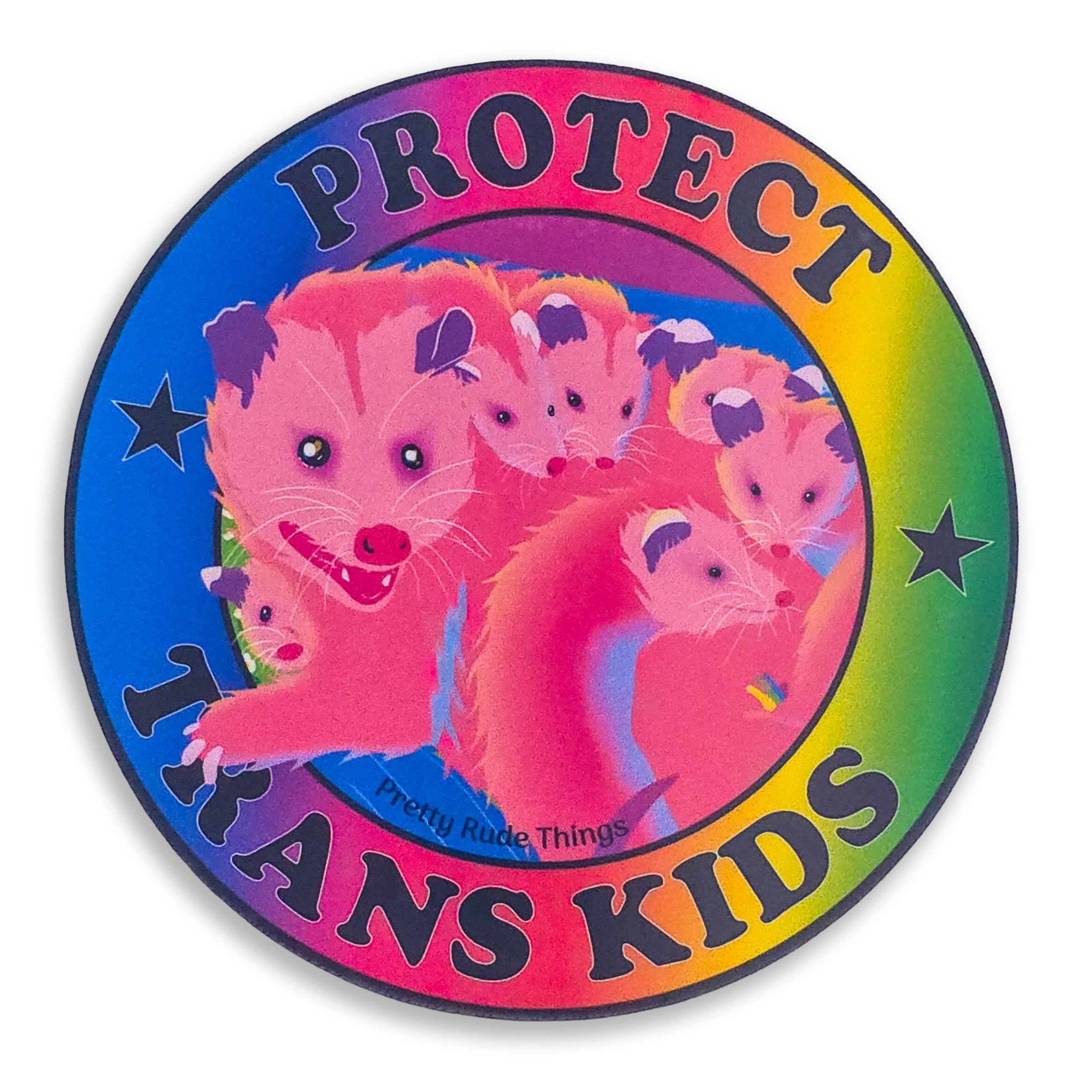Protect Trans Kids Rainbow Possum Family Sticker, 3 x 3 in.