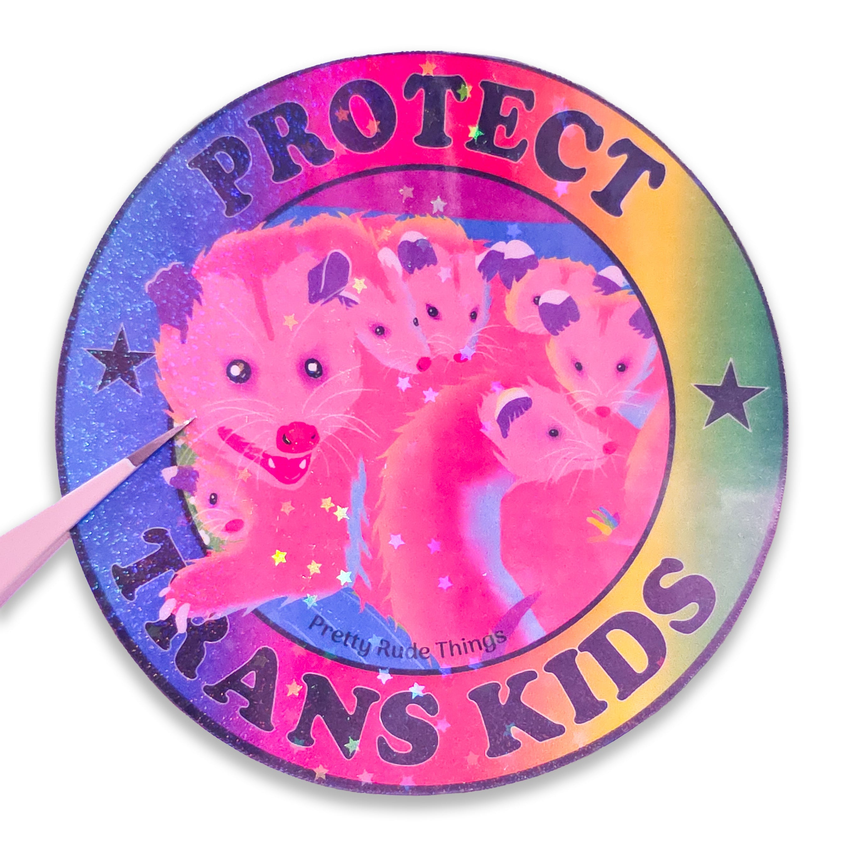 Protect Trans Kids Rainbow Possum Family Sticker, 3 x 3 in.